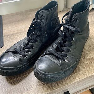 Genuine leather converse high tops in black